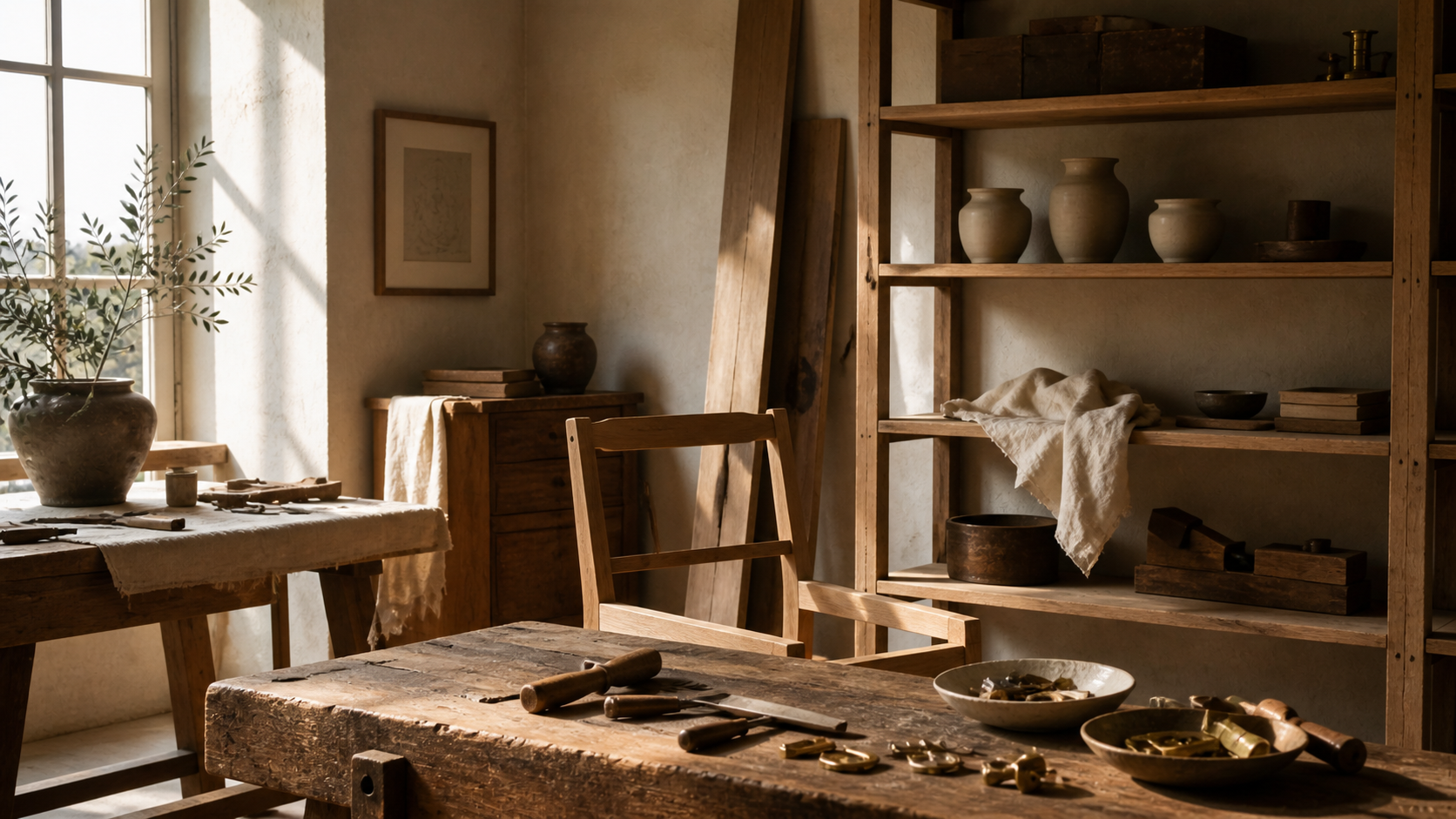 Curateur Atelier — a sunlit Mediterranean atelier with a raw timber workbench, hand tools, stoneware vessels on open shelving, and an olive branch by the window