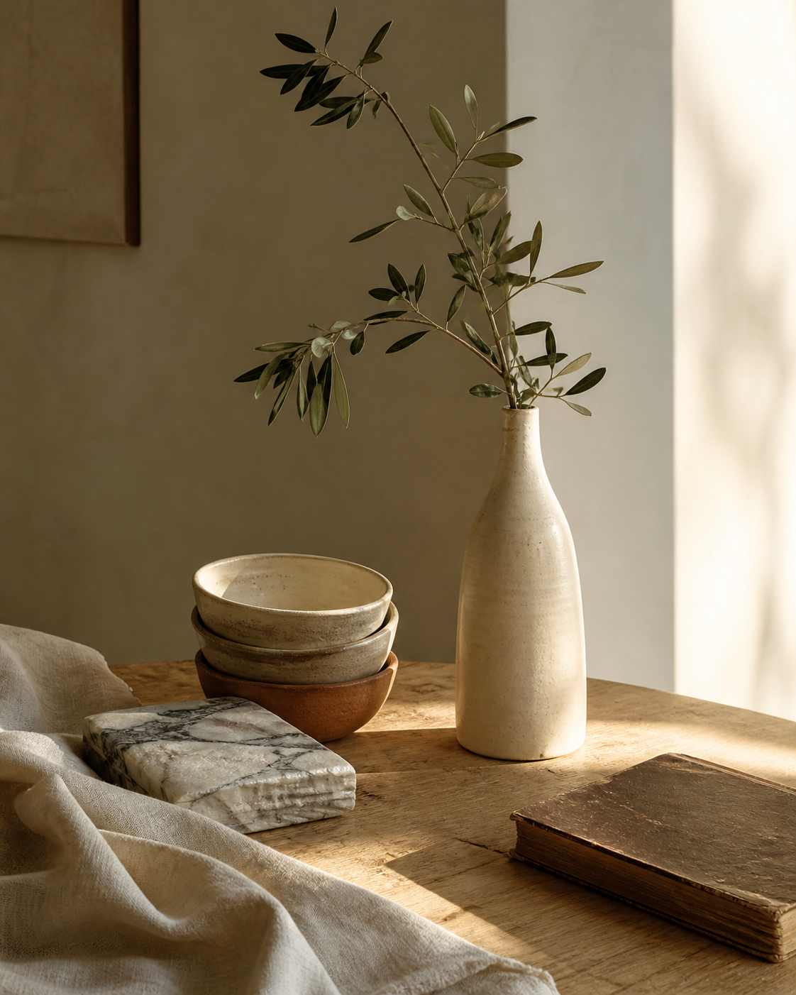 Curateur Atelier — a wooden tablescape with stacked ceramic bowls, a stoneware bottle holding olive branches, marble offcut, and linen