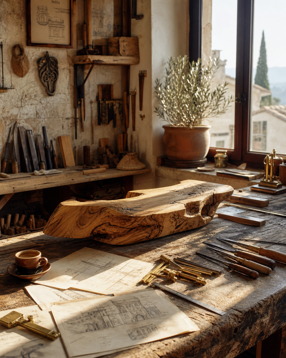 Curateur Atelier — an Italian woodworker's atelier with hand tools, architectural drawings, and a sculpted timber form by the window